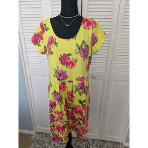 Isaac Mizrahi Fit Flare Dress Womens L Yellow Pink Floral Pleated Cotton Whimsy